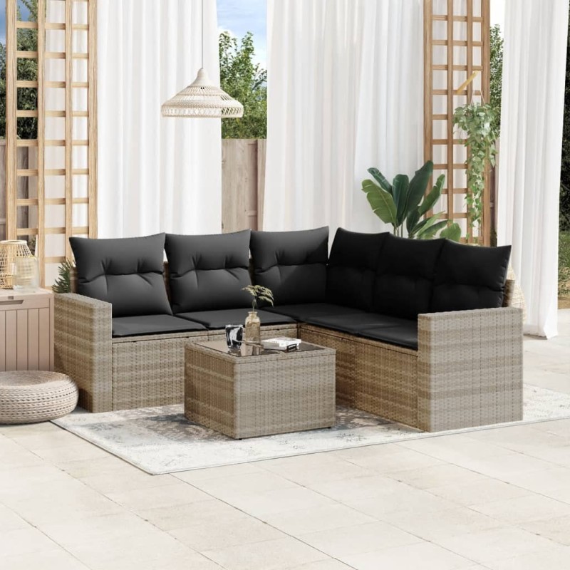 Salon de jardin 6 pcs avec coussins gris clair résine tressée 