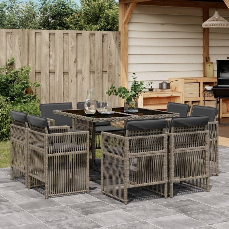 Ensemble à manger de jardin 9 pcs coussins gris résine tressée 