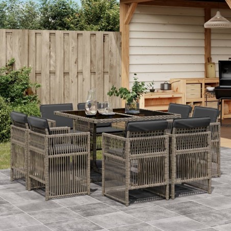 Ensemble à manger de jardin 9 pcs coussins gris résine tressée 