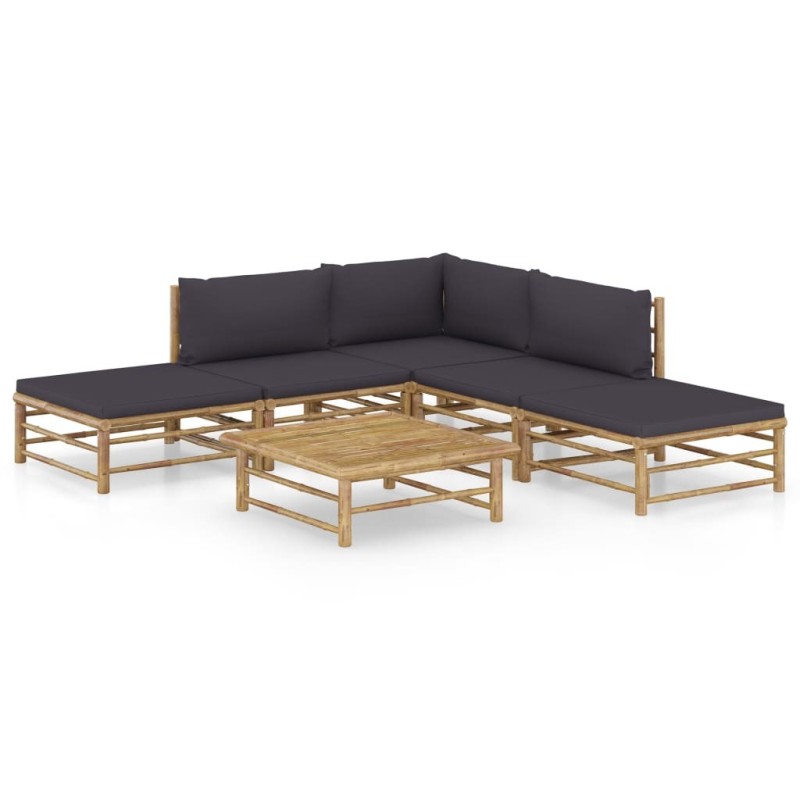 Salon de jardin 6 pcs avec coussins gris foncé bambou 