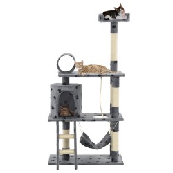 Arbre à chat avec griffoir en sisal 140 cm Gris Motif de pattes 
