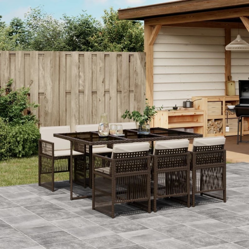 Ensemble à manger de jardin et coussins 7 pcs marron rotin 