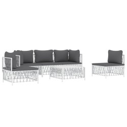 Salon de jardin avec coussins 6 pcs blanc acier 