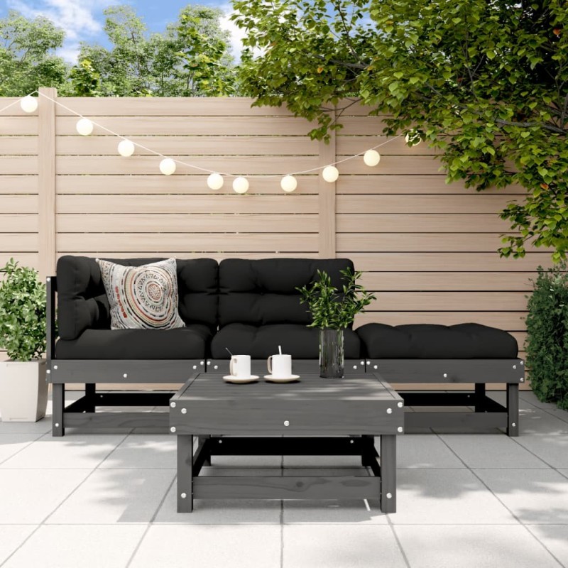 Salon de jardin 4 pcs avec coussins gris bois massif 