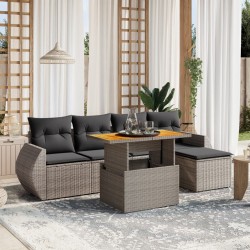 Salon de jardin 6 pcs avec coussins gris résine tressée 