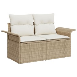 Canapé de jardin 5 pièces avec coussins beige en poly rotin, Canapé de jardin 2 places avec rangement et coussins beige en poly 
