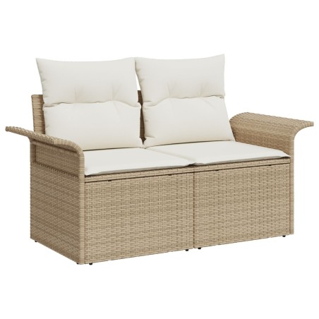 Canapé de jardin 5 pièces avec coussins beige en poly rotin, Canapé de jardin 2 places avec rangement et coussins beige en poly 