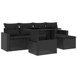 Salon de jardin 6 pcs avec coussins noir résine tressée 