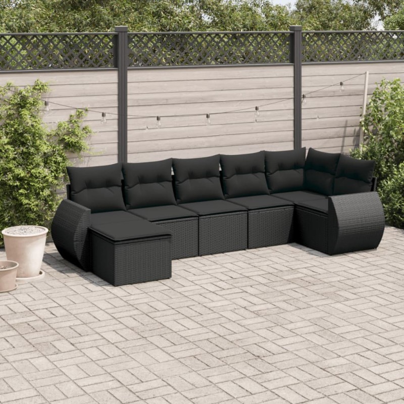 Salon de jardin 7 pcs avec coussins noir résine tressée 