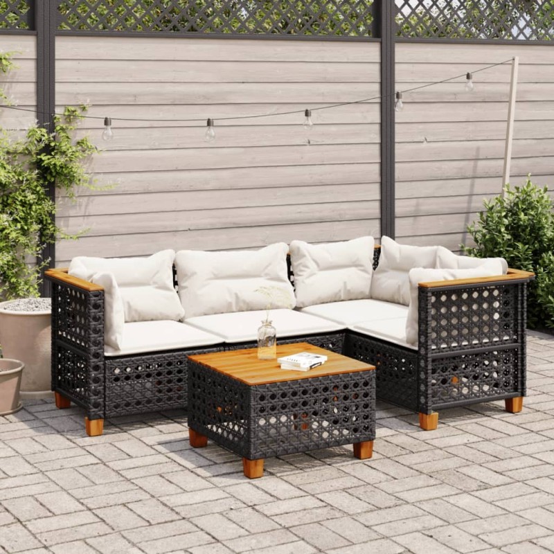 Salon de jardin 5 pcs avec coussins noir résine tressée 