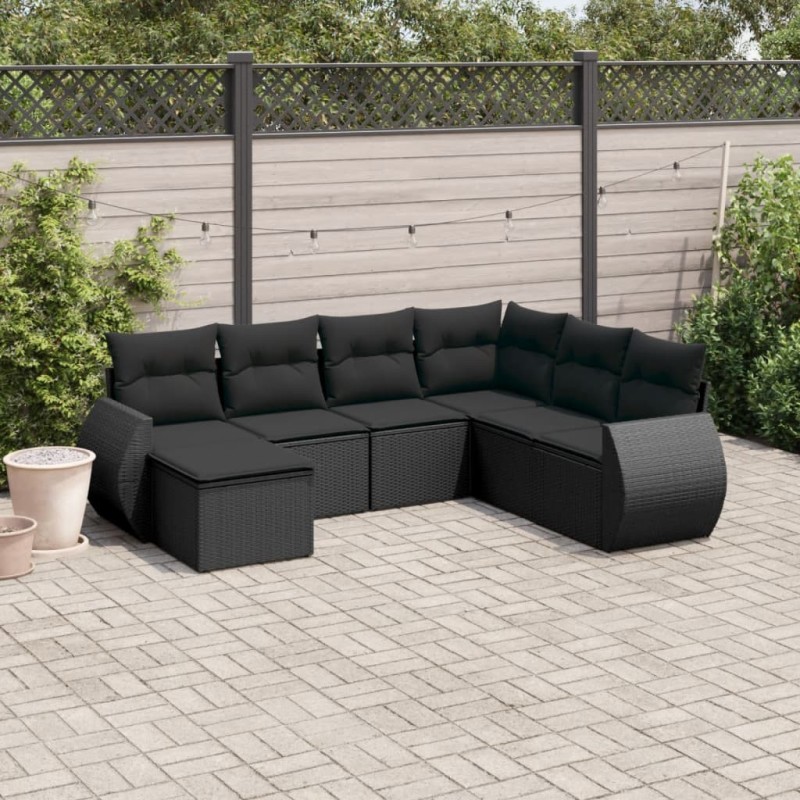 Salon de jardin 7 pcs avec coussins noir résine tressée 