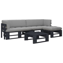 Salon de jardin palette 4pcs avec coussins Pin imprégné de noir 