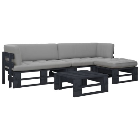 Salon de jardin palette 4pcs avec coussins Pin imprégné de noir 