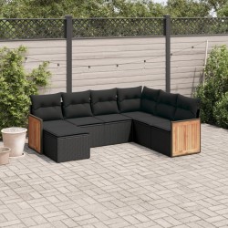 Salon de jardin 7 pcs avec coussins noir résine tressée 
