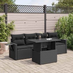 Salon de jardin 5 pcs avec coussins noir résine tressée 