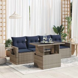 Salon de jardin 5 pcs avec coussins noir résine tressée acacia 