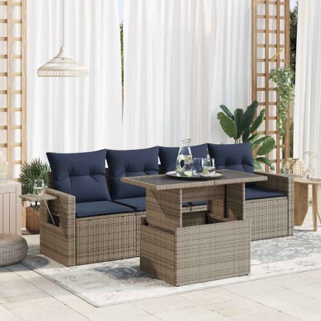 Salon de jardin 5 pcs avec coussins noir résine tressée acacia 
