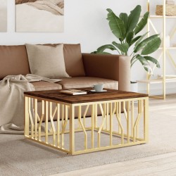 Table basse doré acier inoxydable et bois massif récupération 