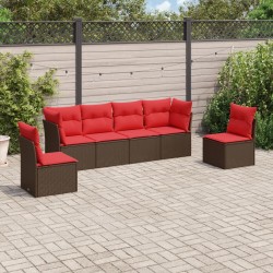 Salon de jardin 6 pcs avec coussins marron résine tressée 
