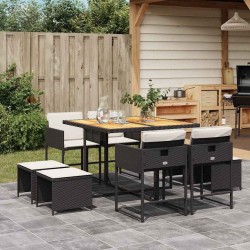 Ensemble à manger de jardin 9pcs coussins noir résine tressée 