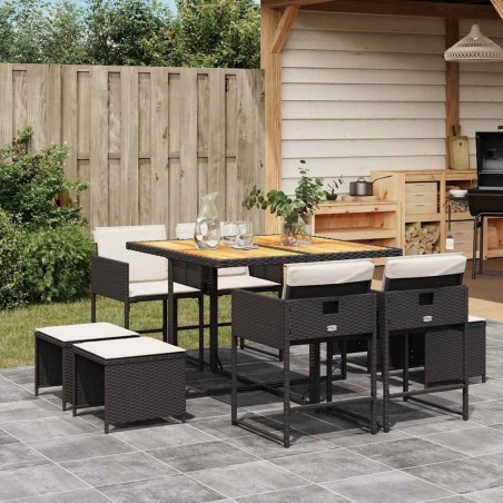 Ensemble à manger de jardin 9pcs coussins noir résine tressée 