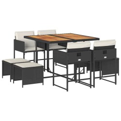 Ensemble à manger de jardin 9pcs coussins noir résine tressée 