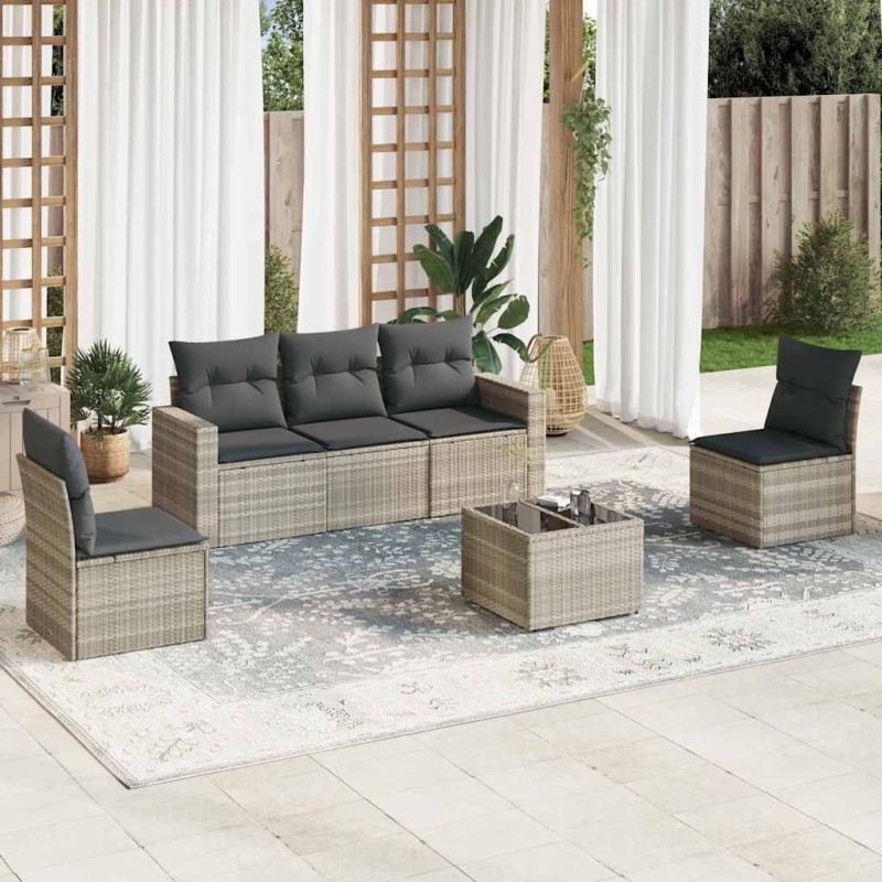 Salon de jardin 6 pcs avec coussins gris clair résine tressée 
