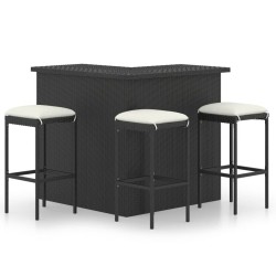 Ensemble de bar de jardin 4 pcs et coussins Résine tressée Noir 