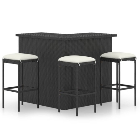 Ensemble de bar de jardin 4 pcs et coussins Résine tressée Noir 