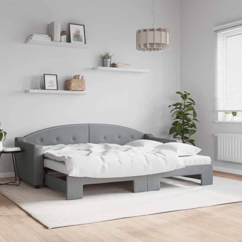 Lit de jour avec gigogne et matelas gris clair 80x200 cm tissu 