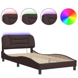Cadre de lit avec LED sans matelas marron foncé 100x200cm tissu 