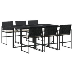 Ensemble à manger de jardin coussins 7 pcs noir résine tressée 
