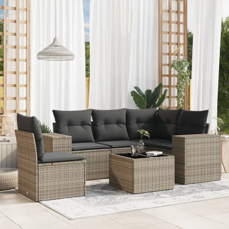 Salon de jardin 6 pcs avec coussins gris résine tressée 