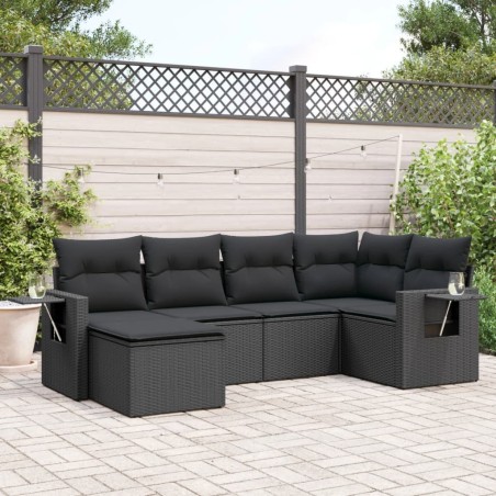 Salon de jardin 6 pcs avec coussins noir résine tressée 