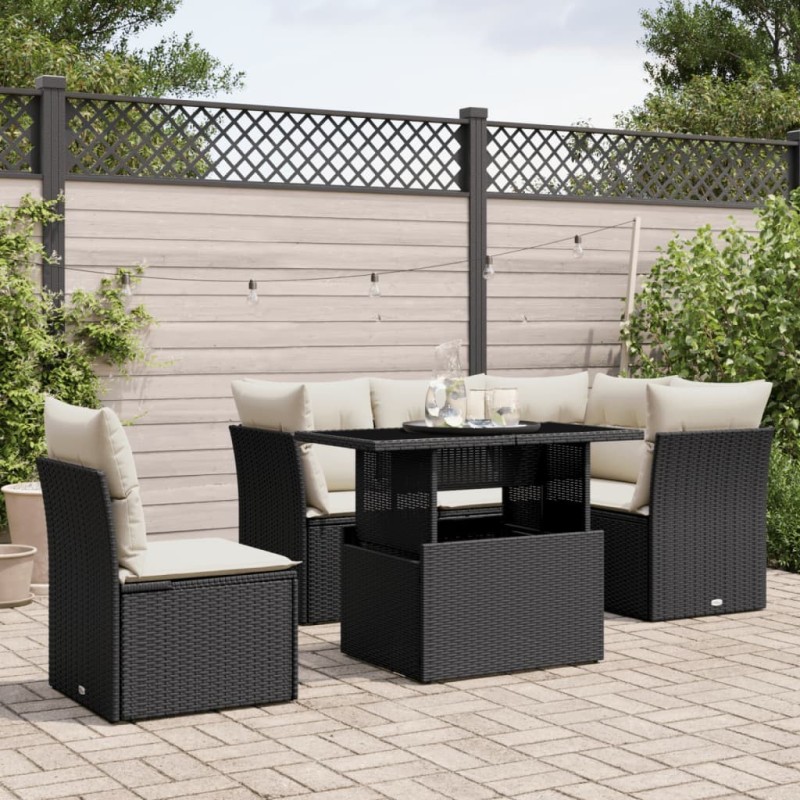 Salon de jardin 6 pcs avec coussins noir résine tressée 