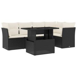 Salon de jardin 6 pcs avec coussins noir résine tressée 