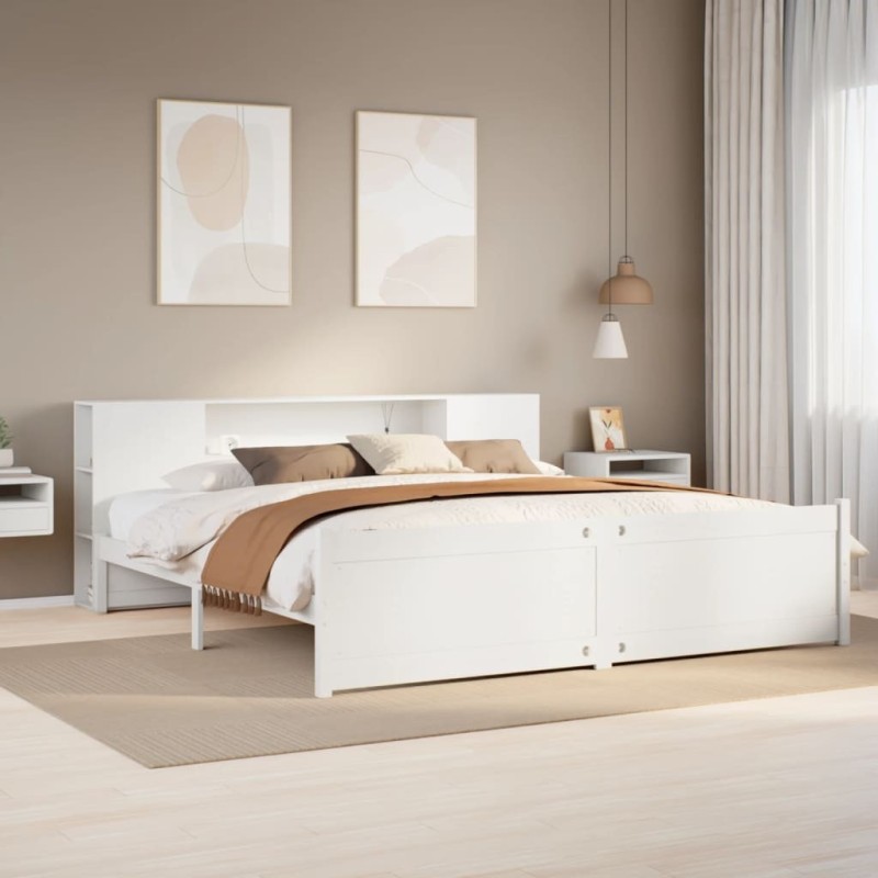 Lit bibliothèque sans matelas blanc 200x200 cm bois pin massif 