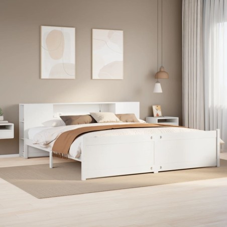 Lit bibliothèque sans matelas blanc 200x200 cm bois pin massif 