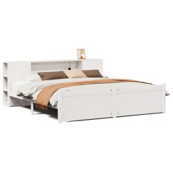 Lit bibliothèque sans matelas blanc 200x200 cm bois pin massif 