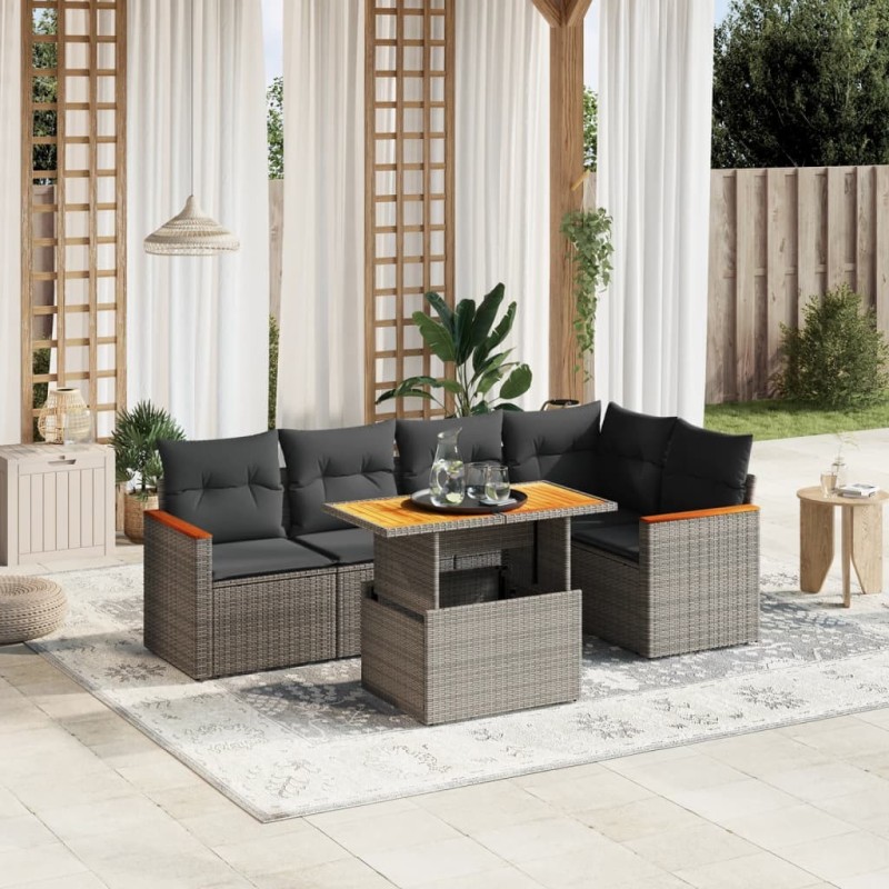 Salon de jardin 6 pcs avec coussins gris résine tressée 