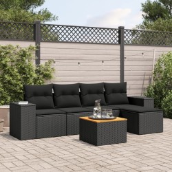 Salon de jardin 6 pcs avec coussins noir résine tressée 