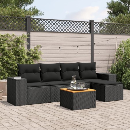 Salon de jardin 6 pcs avec coussins noir résine tressée 