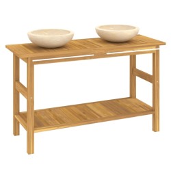 Armoire de salle de bain et lavabos en marbre crème Teck massif 