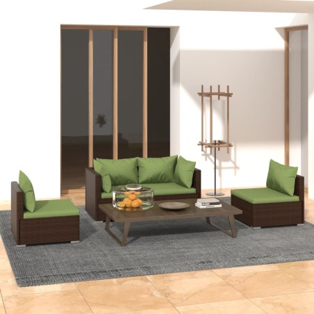 Salon de jardin 4 pcs avec coussins Résine tressée Marron 