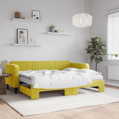 Lit de jour avec lit gigogne et matelas jaune 80x200 cm velours 