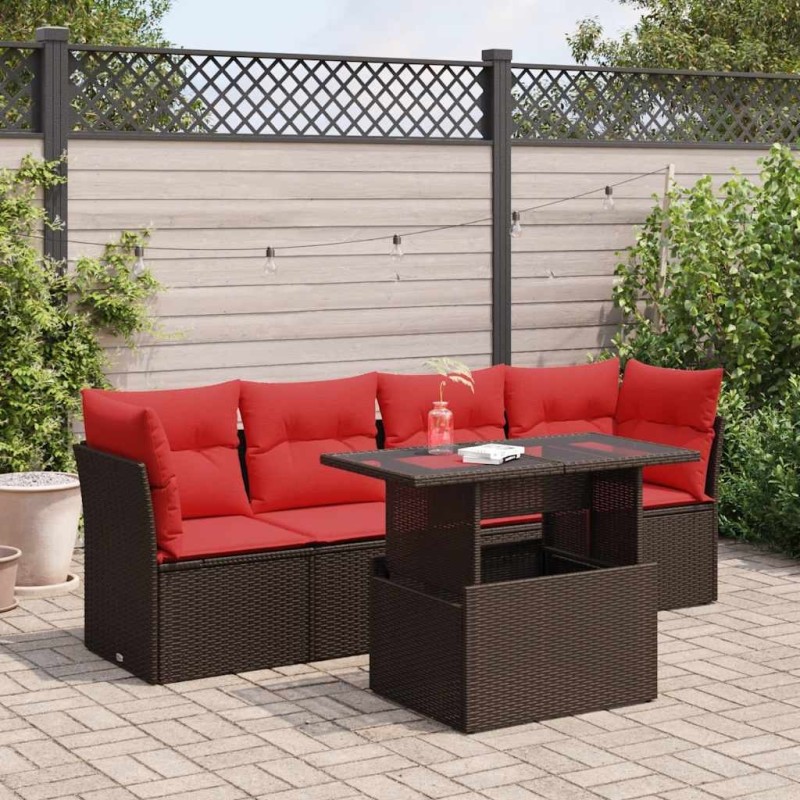 Salon de jardin avec coussins 5pcs marron résine tressée acacia 