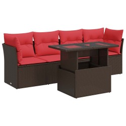 Salon de jardin avec coussins 5pcs marron résine tressée acacia 