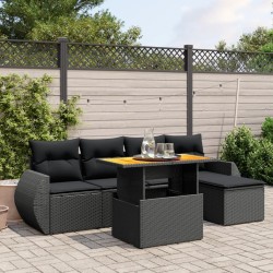 Salon de jardin 6 pcs avec coussins noir résine tressée 