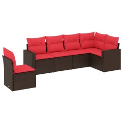 Salon de jardin 6 pcs avec coussins marron résine tressée 