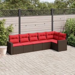 Salon de jardin 6 pcs avec coussins marron résine tressée 